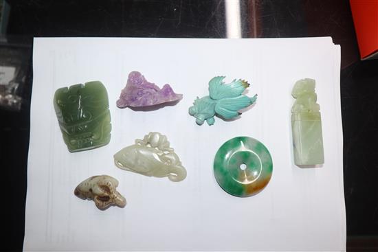 A group of Chinese stone carvings, a spinach green jade dish and a lapis lazuli dish